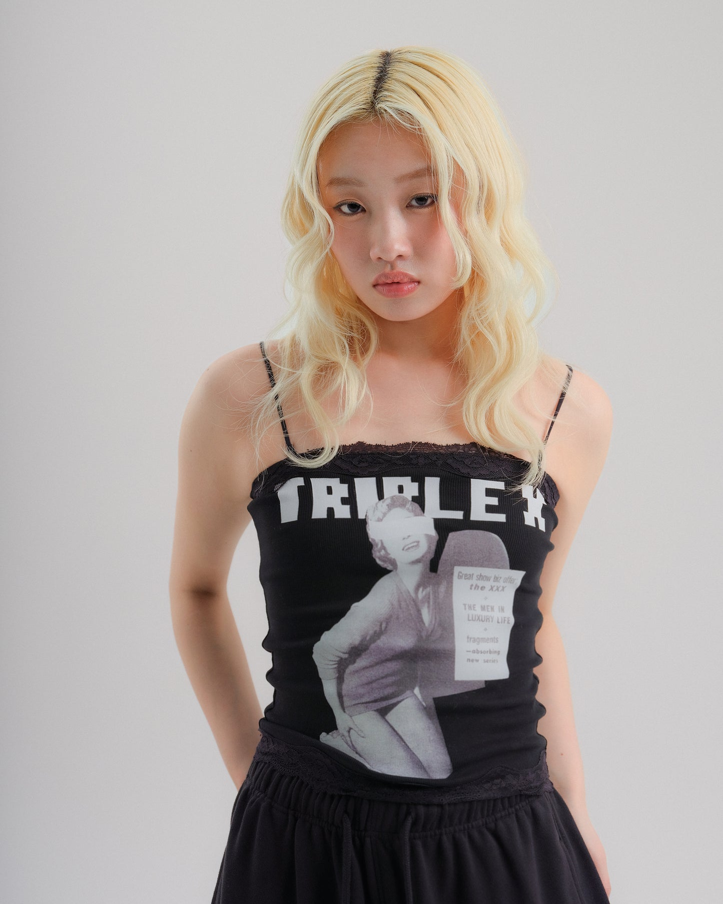 "TRIPLEX" Block Letter Logo Photo Lace Bare Top (Camisole)
